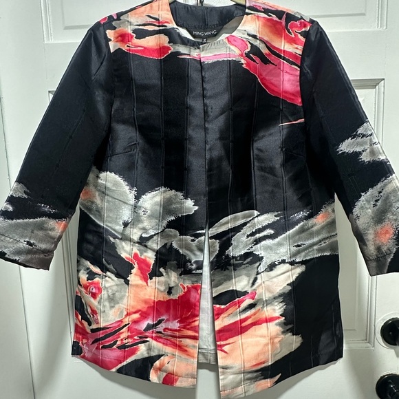 Ming Wang Abstract Floral Watercolor Jacket Black Pink Red Open Front Size M - Picture 2 of 2